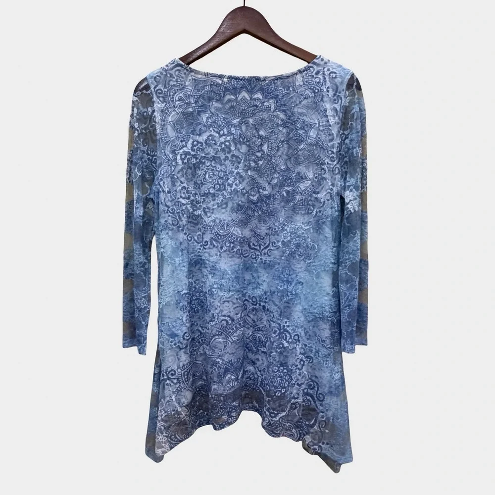Cal Style Blue Mesh Mandala Embellished Tunic Top Medium Mermaid Fairy Boho - Picture 8 of 10